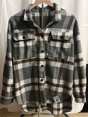Plaid Utility Shacket in Gray & Brown